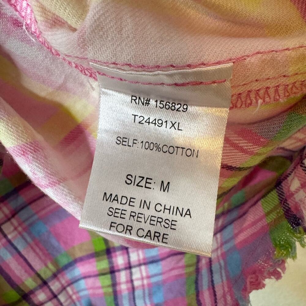 White Birch Womens Plaid Short Sleeve Frayed Tunic Top Size Medium Colorful - Picture 9 of 12